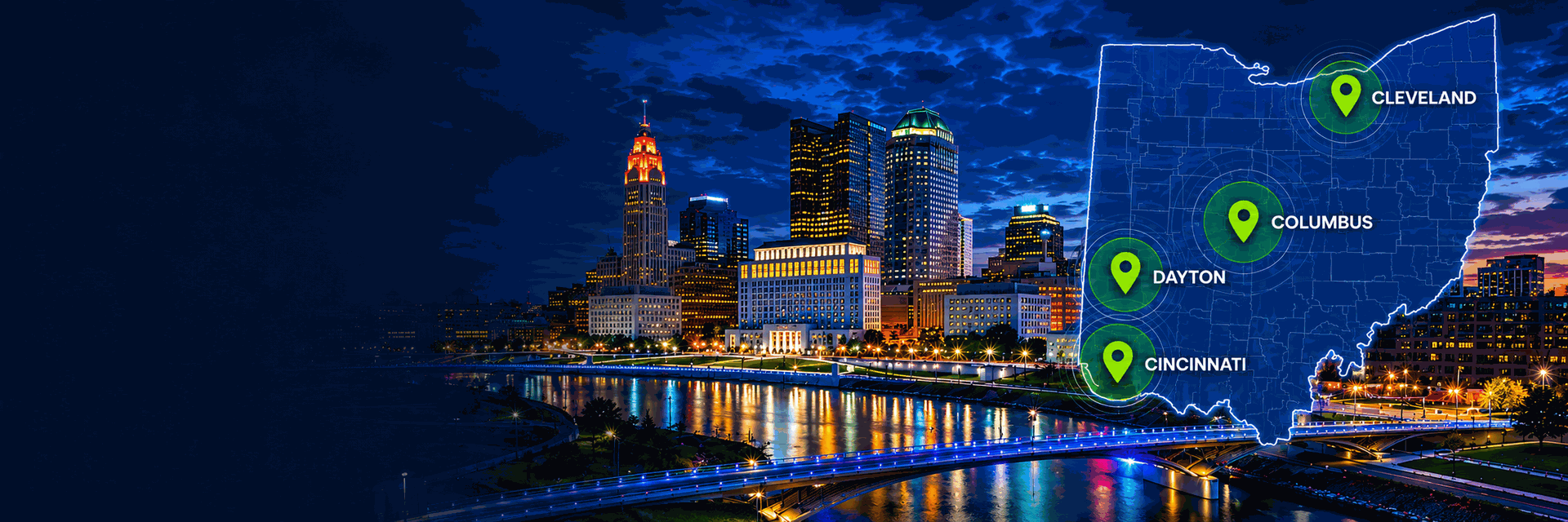Downtown Columbus Ohio skyline with Ohio map and Home Shield Alarm service locations