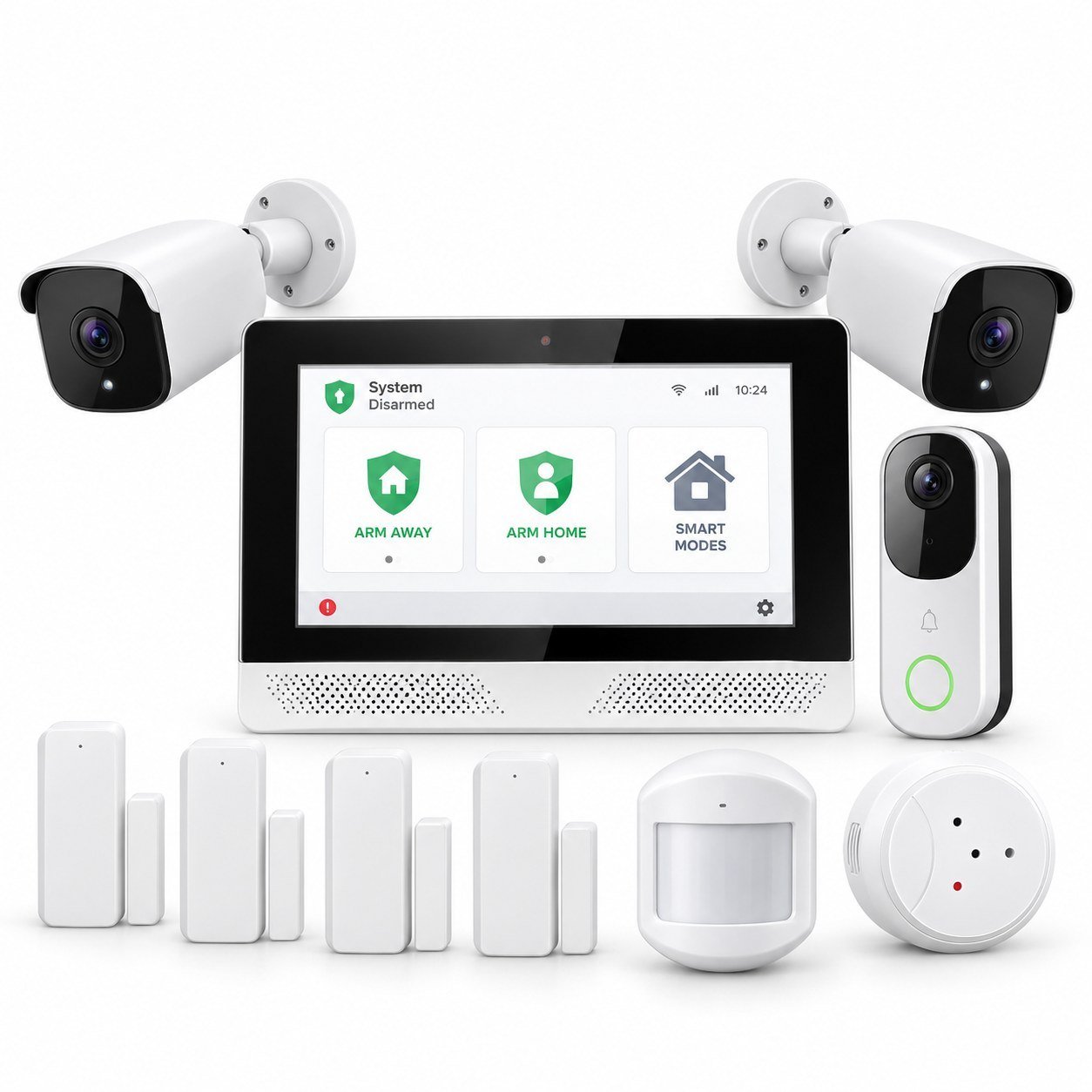 HomeShield complete system with 2GIG Edge panel, sensors, and cameras