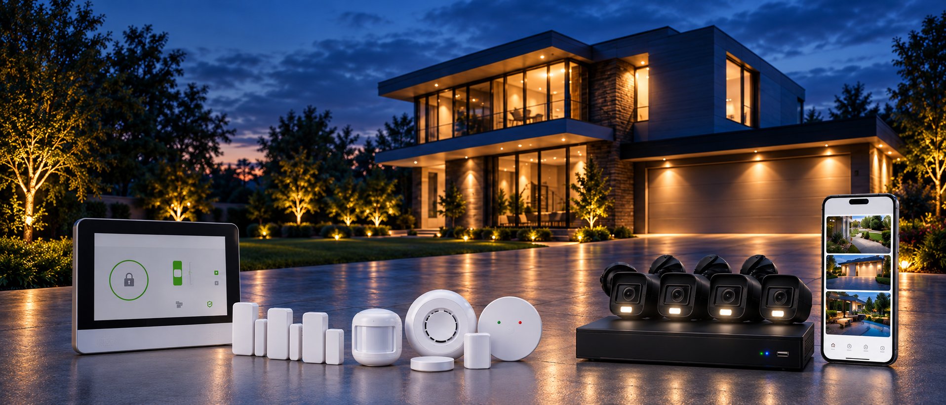 HomeShield security system with 2GIG Edge, sensors, cameras, NVR, and Alarm.com app
